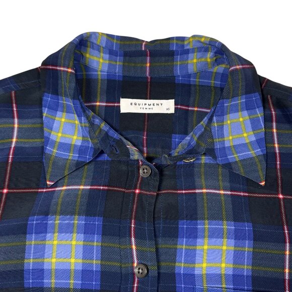 Equipment 100% Silk Plaid Shirt SZ XS Blue Oversized Preppy Academia Grunge - Picture 5 of 12